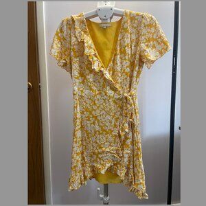 Yellow and White Floral Wrap Mini Dress